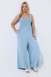 LIMITED COLLECTION Plus Size Blue Chambray Shirred Jumpsuit | Yours Clothing 1