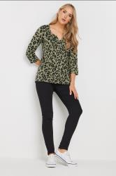 LTS Tall Khaki Green Leopard Print Cotton Henley Top | Long Tall Sally 1