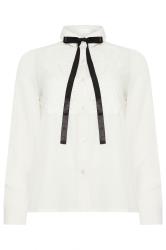 PixieGirl Petite Ivory White Lace Trim Tie Neck Shirt