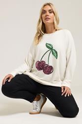 YOURS Plus Size Cream Cherry Sequin Embellished Jumper | Yours Clothing 3