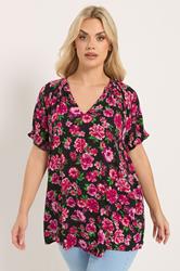 YOURS Plus Size Black & Pink Floral Notch Neck Blouse | Yours Clothng 3
