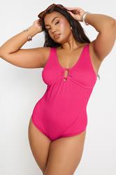 YOURS Plus Size Pink Buckle Textured Swimsuit | Yours Clothing 1