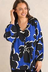 EVANS Plus Size Black & Blue Floral Pleat Front Blouse | Evans 3