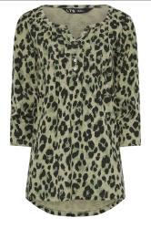 LTS Tall Khaki Green Leopard Print Cotton Henley Top