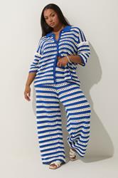 LIMITED COLLECTION Plus Size Blue & White Stripe Crochet Wide Leg Trousers | Yours Clothing 3