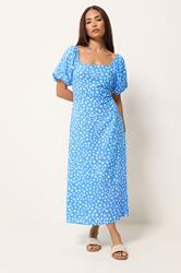 PixieGirl Petite Women's Blue Daisy Puff Sleeve Midi Dress | PixieGirl 3