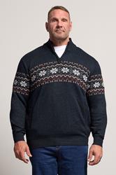 D555 Big & Tall Navy Blue Fairisle Quarter Zip Knitted Jumper | BadRhino 3