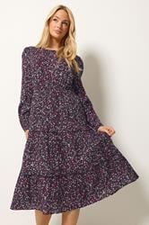 M&Co Berry Purple Ditsy Floral Print Ruffle Midi Dress | M&Co 3