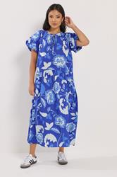 PixieGirl Petite Women's Blue Floral Tie Neck Midi Dress | PixieGirl 2