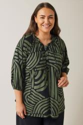 EVANS Plus Size Khaki Green Abstract Print Tie Neck Blouse | Evans 1