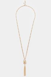 Gold Tone Long Padlock Tassel Necklace | Yours Clothing 3
