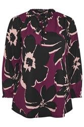 EVANS Plus Size Purple & Black Floral Tie Neck Blouse | Evans 5