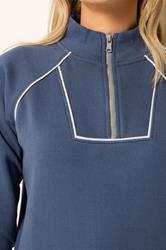 LTS Tall Women's Indigo Blue Quarter Zip Pipe Detail Sweatshirt | Long Tall Sally 4