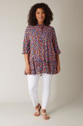 EVANS Plus Size Pink & Blue Floral Tie Neck Blouse | Evans 1