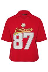 LIMITED COLLECTION Curve Red 'California 87' Rugby Collar Varsity Top