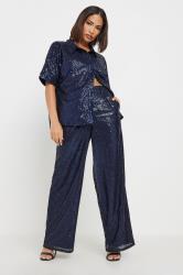 PixieGirl Petite Women's Navy Blue Sequin Embellished Wide Leg Trousers | PixieGirl 2