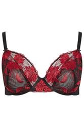 YOURS Curve Red Embroidered Floral Non-Padded Bra