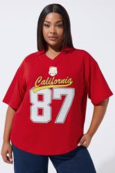 LIMITED COLLECTION Plus Size Red 'California 87' Rugby Collar Varsity Top | Yours Clothing 1