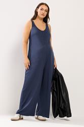 BUMP IT UP MATERNITY Plus Size Navy Blue Nursing Jumpsuit | Yours Clothing 1
