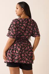 YOURS Plus Size Pink Floral Print Flutter Sleeve Top | Yours Clothing 2
