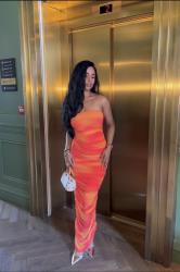 PixieGirl Petite Womens Orange Mesh Bardot Maxi Dress | PixieGirl 3