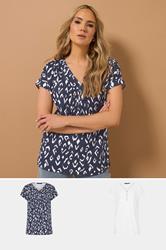 LTS Tall 2 PACK Navy Blue & White Abstract Cotton Henley Tops | Long Tall Sally 3