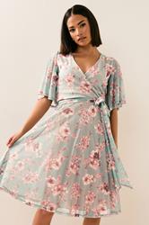 PixieGirl Petite Women's Sage Green Mesh Floral Wrap Midi Dress | PixieGirl 4
