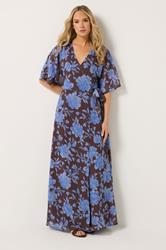 LTS Tall Women's Chocolate Brown & Blue Floral Wrap Maxi Dress | Long Tall Sally 3