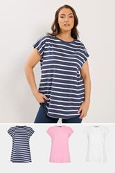 YOURS 3 PACK Plus Size Pink & White Grown-On Sleeves T-Shirts | Yours Clothing 1