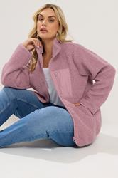 YOURS Plus Size Pink Pocket Teddy Fleece Jacket | Yours Clothing 1