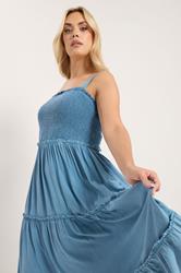 YOURS Plus Size Blue Shirred Strappy Chambray Maxi Dress | Yours Clothing 1