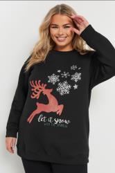 YOURS Plus Size Black 'Let It Snow' Reindeer Print Sweatshirt | Yours Clothing  3