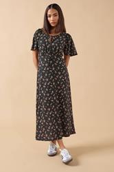 PixieGirl Petite Women's Black Ditsy FloralTie Front Midi Dress | PixieGirl 1