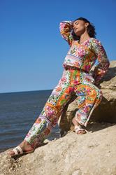PixieGirl Petite Women's Orange Abstract Tile Print Cotton Wide Leg Trousers | PixieGirl 3