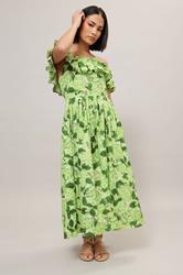 PixieGirl Petite Women's Green Floral Ruffle Cotton Bardot Midi Dress | PixieGirl 5
