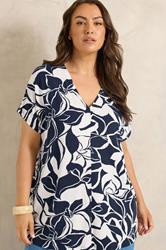 EVANS Curve Navy Blue Abstract Floral Grown-On Sleeve Top | Evans 3