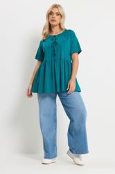 YOURS Plus Size Teal Blue Bow Tie Front Peplum Top | Yours Clothing 1