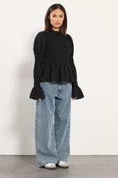 PixieGirl Petite Women's Black Shirred Peplum Smock Top | PixieGirl 1
