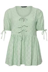 YOURS Curve Green Broderie Anglaise Tie Front Peplum Top