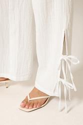 PixieGirl Petite Women's White Tie Detail Cotton Cheesecloth Wide Leg Trousers | PixieGirl 4