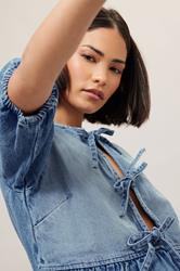 PixieGirl Petite Women's Blue Denim Tie Front Peplum Top | PixieGirl 1