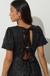 PixieGirl Petite Womens Black Sequin Tie Back Midi Dress | PixieGirl 6