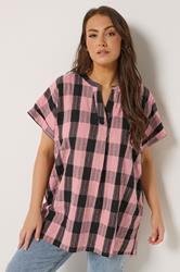 YOURS Plus Size Pink & Black Check Overhead Half Placket Shirt | Yours Clothing 3