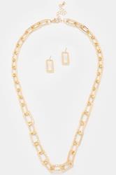 Gold Tone Hammered Link Necklace & Earring Set | Yours Clothing 3