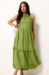PixieGirl Petite Women's Green Halter Neck Tiered Maxi Dress | PixieGirl 3