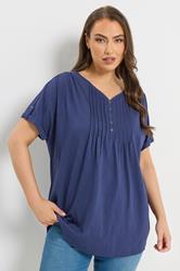 YOURS Plus Size Blue Pintuck Short Sleeve Henley Top | Yours Clothing 3