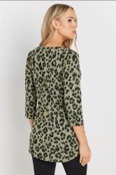 LTS Tall Khaki Green Leopard Print Cotton Henley Top | Long Tall Sally 2