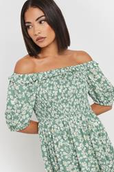 PixieGirl Petite Women's Green Daisy Tiered Bardot Dress | PixieGirl 4