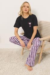 LTS Tall Women's Black 'Happy Hour' Cocktail Cotton Wide Leg Pyjama Set | Long Tall Sally 1