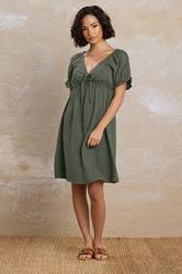 PixieGirl Petite Women's Khaki Green Tie Front Cotton Mini Dress | PixieGirl 1